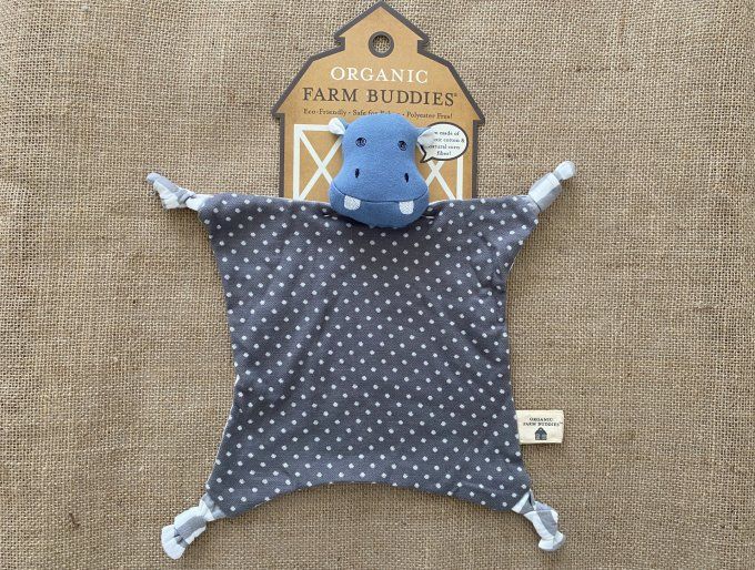 Doudou plat hippopotame bleu gris pois blancs Organic Farm Buddies Tinco Toys - Article Neuf
