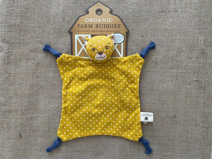 Doudou plat tigre bleu jaune pois blancs Organic Farm Buddies Tinco Toys - Article Neuf