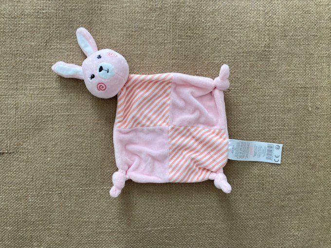 Doudou plat lapin rose rayé grelot Tom & Kiddy d'occasion