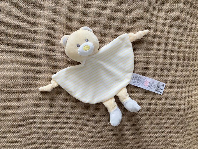 Doudou plat ours beige rayé jaune blanc grelot Tom & Kiddy d'occasion