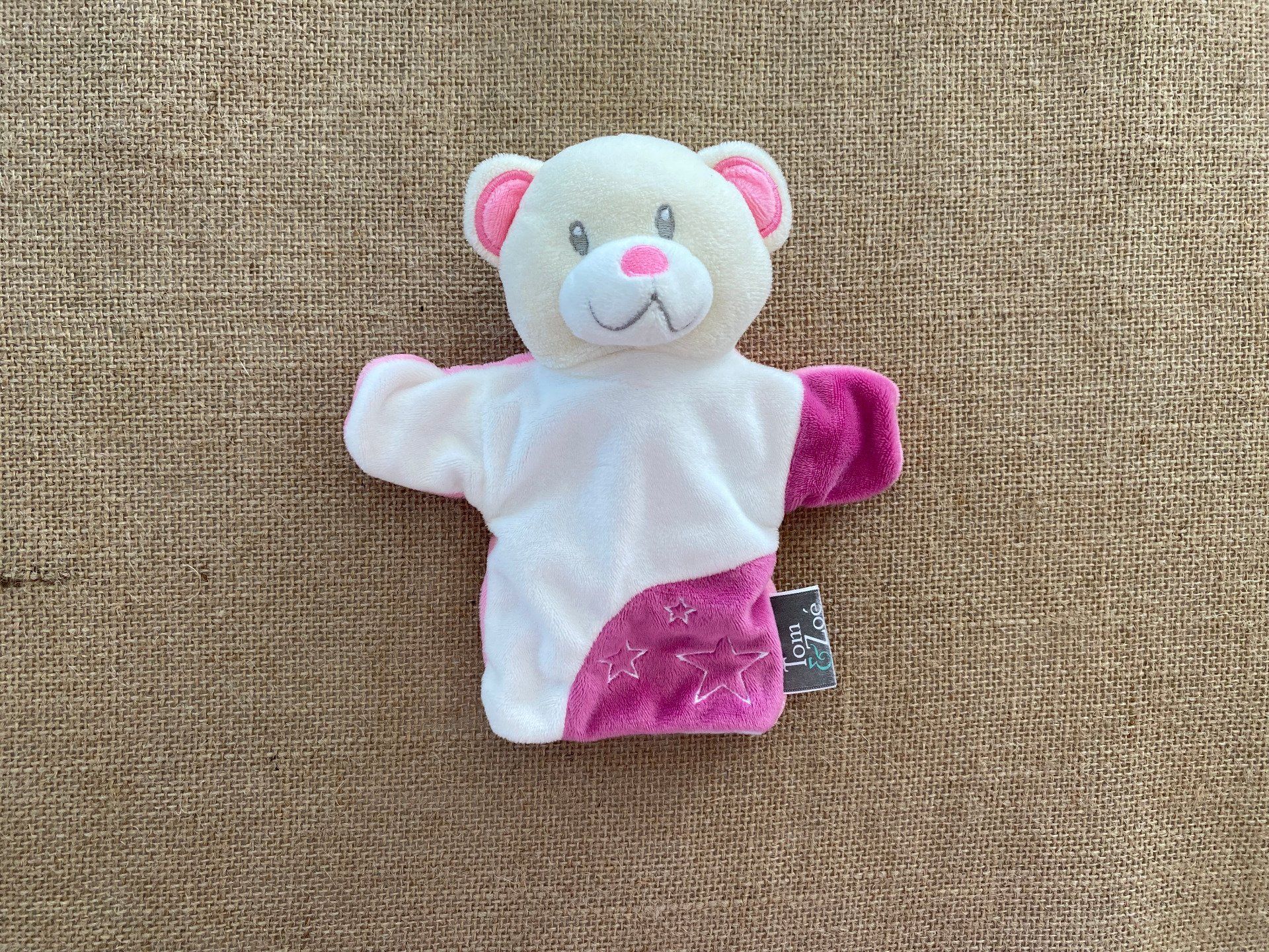 Doudou marionnette ours rose blanc étoiles Tom & Zoé d'occasion Doudou marionnette ours rose blanc étoiles Tom & Zoé d'occasion