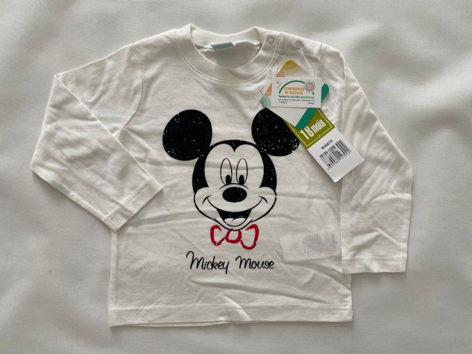 T-shirt manches longues blanc Mickey Mouse Disney Baby 18 mois Neuf avec étiquette