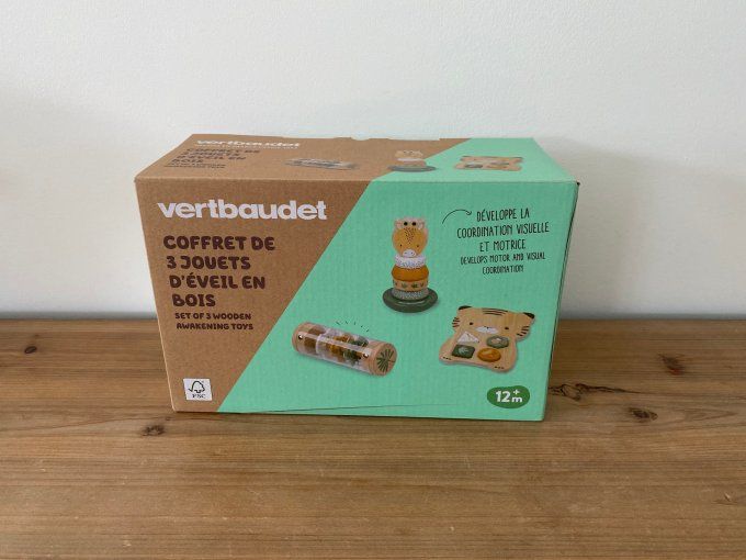 Coffret de 3 jouets d’éveil TANZANIE en bois FSC jaune Vertbaudet d'occasion