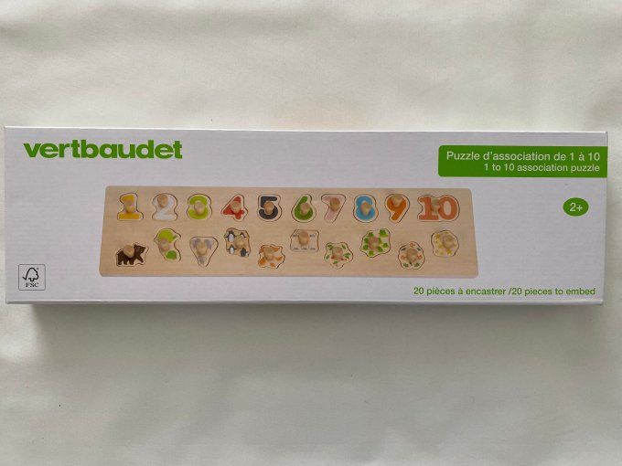 Puzzle d’association de 1 à 10 en bois  20 pièces à encastrer Vertbaudet d'occasion