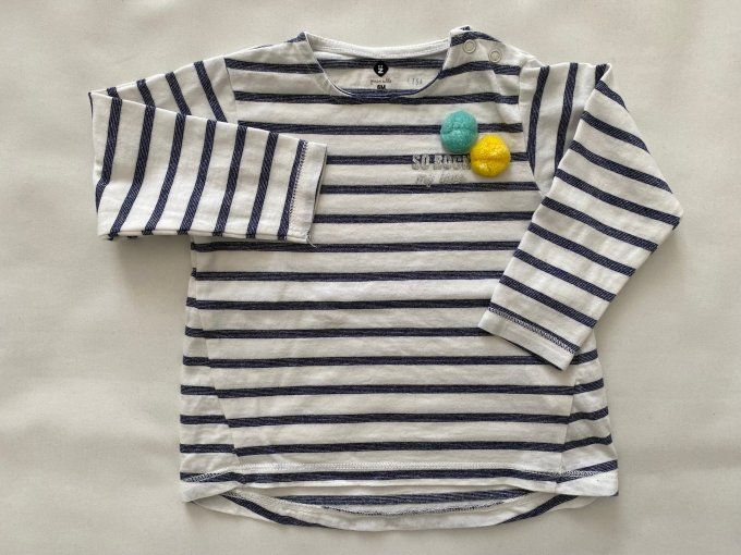 T-shirt manches longues rayé blanc bleu marine pailleté Grain de Blé 6 mois d'occasion