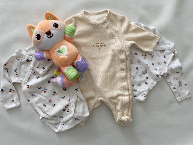 Lot naissance 1 pyjama 2 bodys 1 doudou renard orange Vtech d'occasion