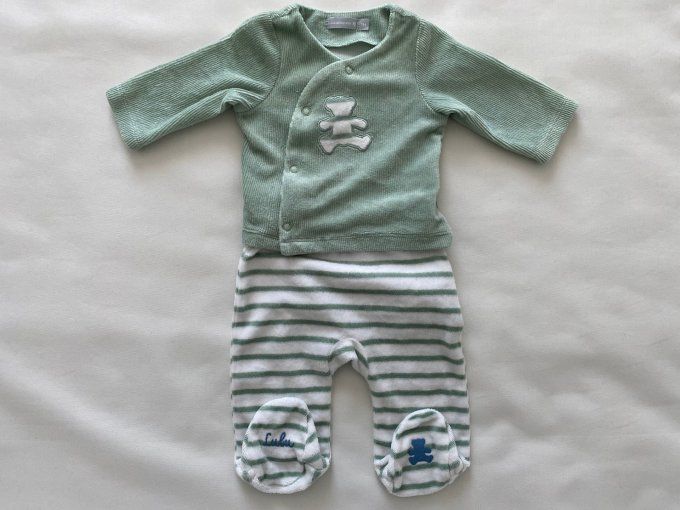Pyjama vert pâle et blanc Lulu Castagnette motif ourson 1 mois d’occasion
