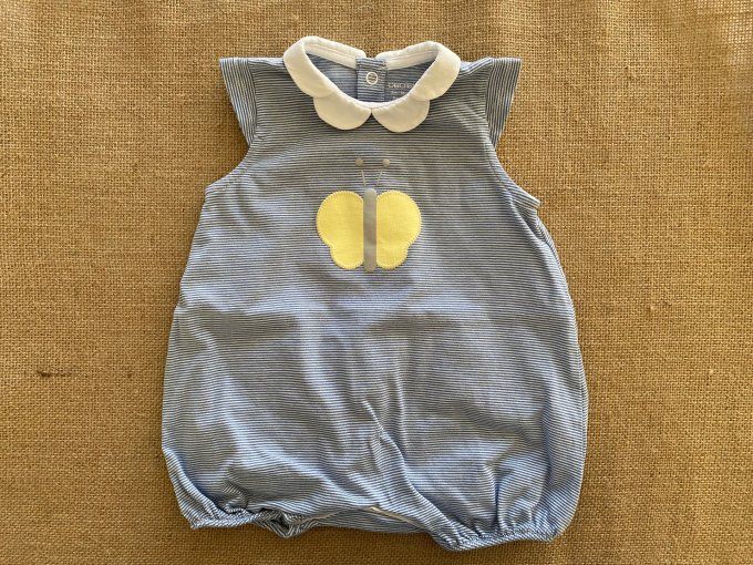 Barboteuse rayée bleu et blanc motif papillon jaune Okaïdi Obaïbi 6 mois d'occasion