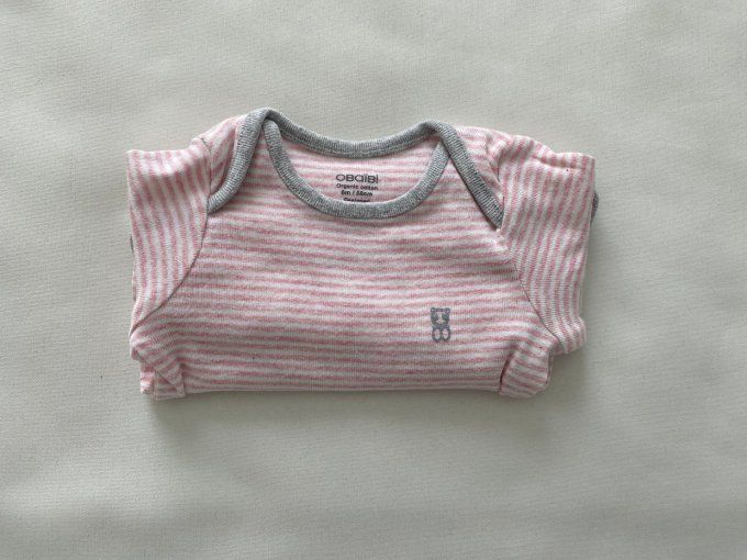 Body rose et blanc rayé Obaïbi Organic coton bordures grises manches longues 6 mois d'occasion