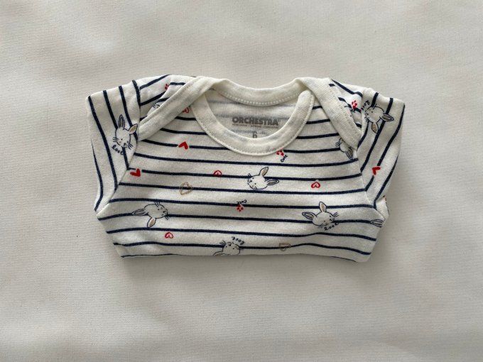 Body manches longues rayé crème bleu marine motifs lapin cœurs Orchestra 6 mois d'occasion