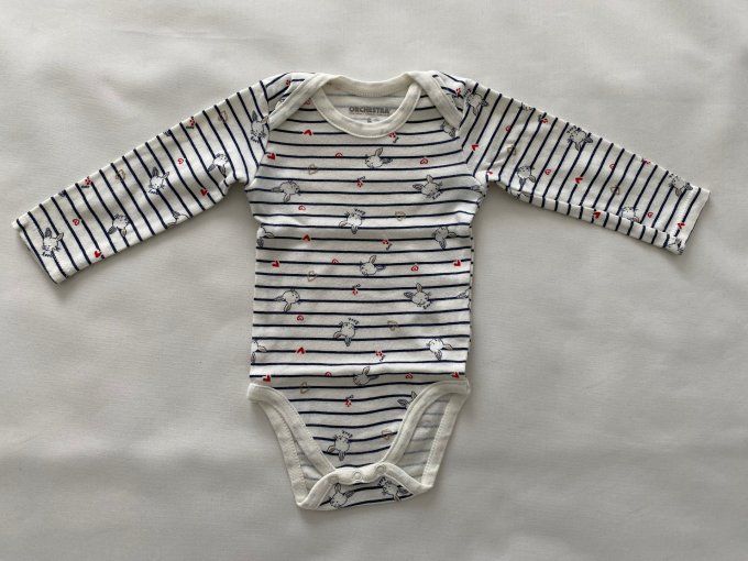 Body manches longues rayé blanc bleu marine motifs lapin cœurs Orchestra 6 mois d'occasion