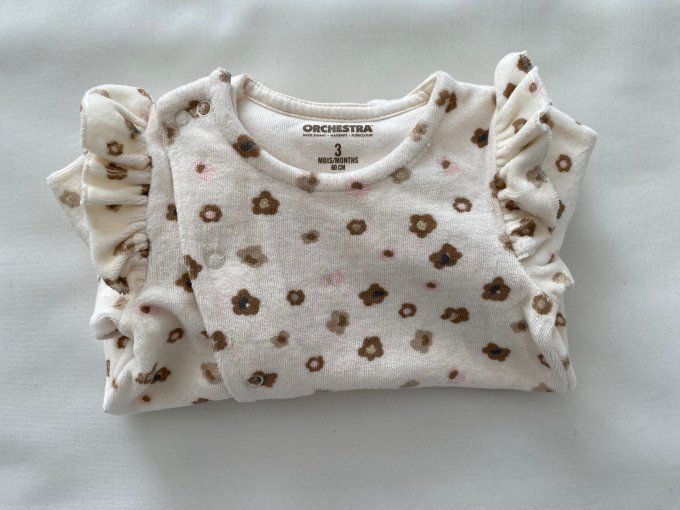 Pyjama velours crème motifs fleurs brun rose volants Orchestra 3 mois d'occasion