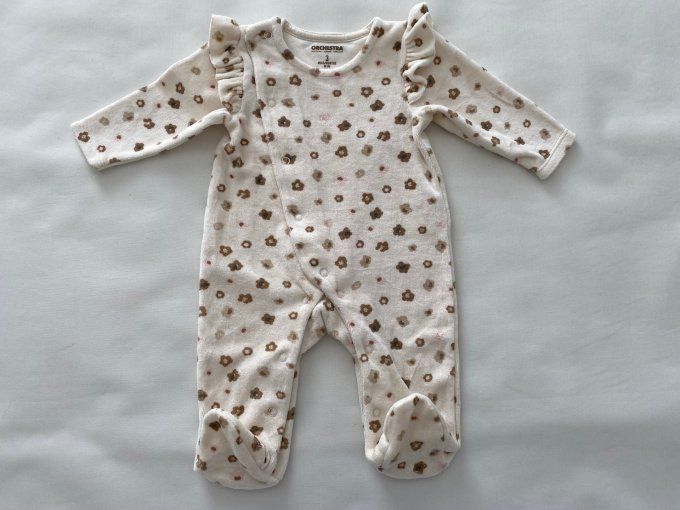 Pyjama velours crème motifs fleurs brun rose volants Orchestra 3 mois d'occasion