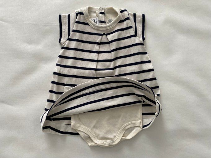 Robe manches courtes rayée bleu beige body intégré Petit Bateau 6 mois d'occasion