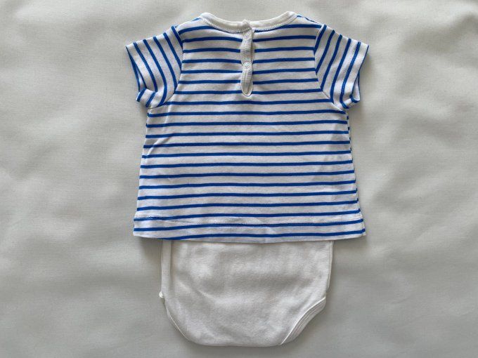 T-shirt body intégré rayé bleu blanc motif mouette Petit Bateau 9 mois d'occasion
