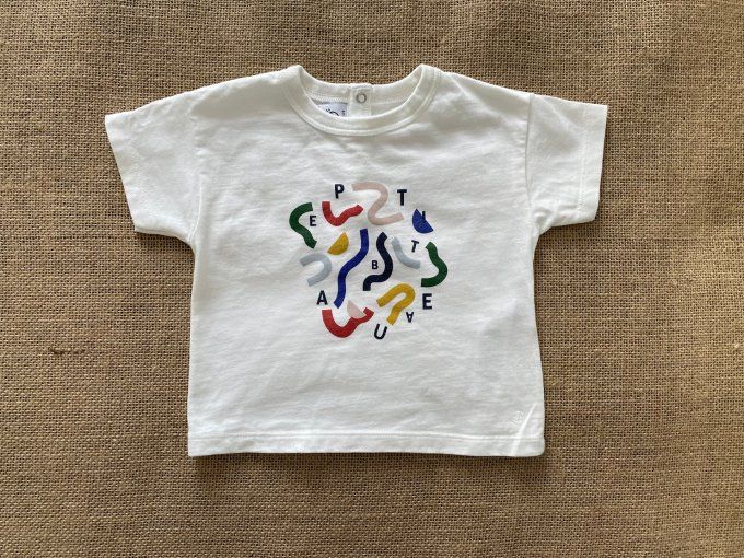 T-shirt blanc motif serpentins colorés manches courtes Petit Bateau 6 mois d'occasion