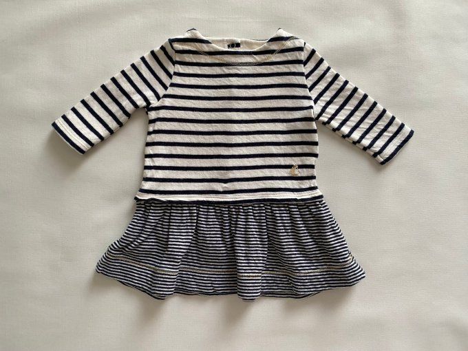 Robe manches longues bleu marine beige logo doré Petit Bateau 3 mois d'occasion
