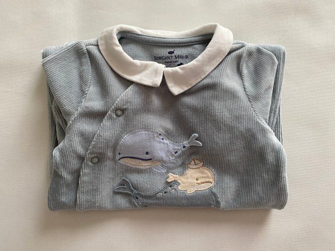 Pyjama bébé bleu en velours Sergent Major 6 mois col blanc motifs baleines d'occasion
