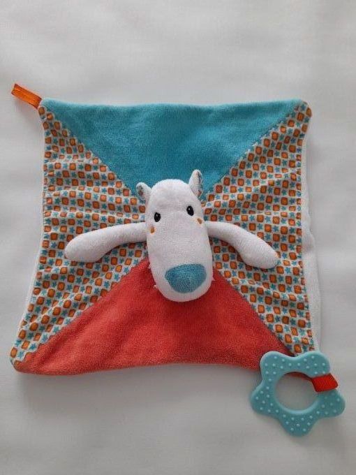 Doudou plat loup chien turquoise orange anneau de dentition Orchestra Premaman d'occasion